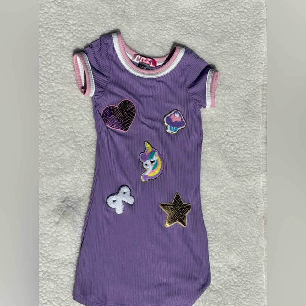 Lilac Patchwork Applique Ribbed Tee Dress
